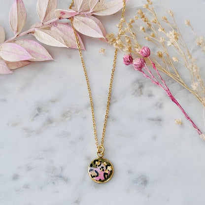 Pink and Olive Leopard Print Pendant Necklace. Gold Foil Accents, 18-inch Chain