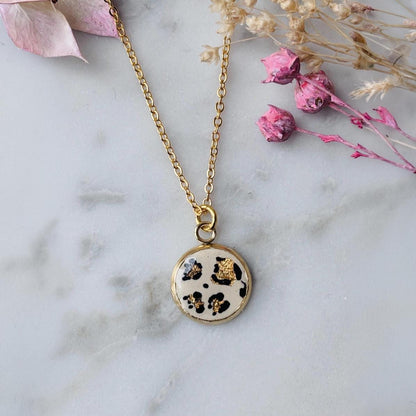 Leopard Print Pendant Necklace, Gold Foil Accents, 18-inch Chain