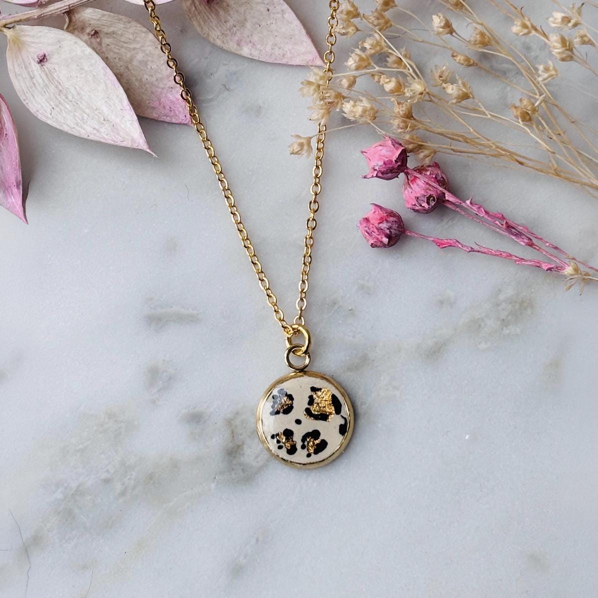 Leopard Print Pendant Necklace, Gold Foil Accents, 18-inch Chain