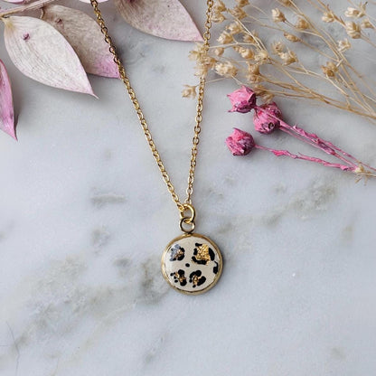 Leopard Print Pendant Necklace, Gold Foil Accents, 18-inch Chain