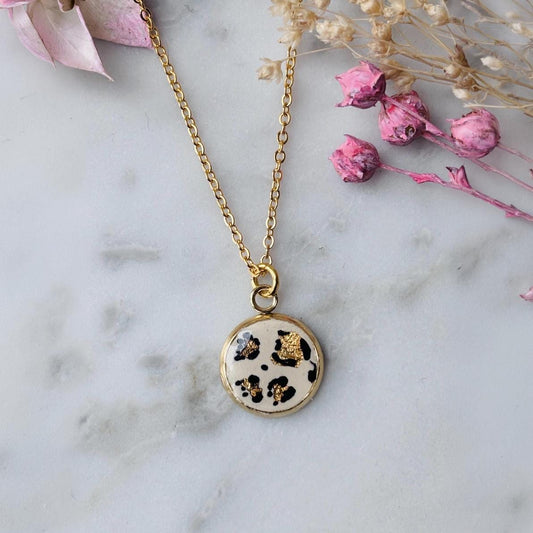 Leopard Print Pendant Necklace, Gold Foil Accents, 18-inch Chain
