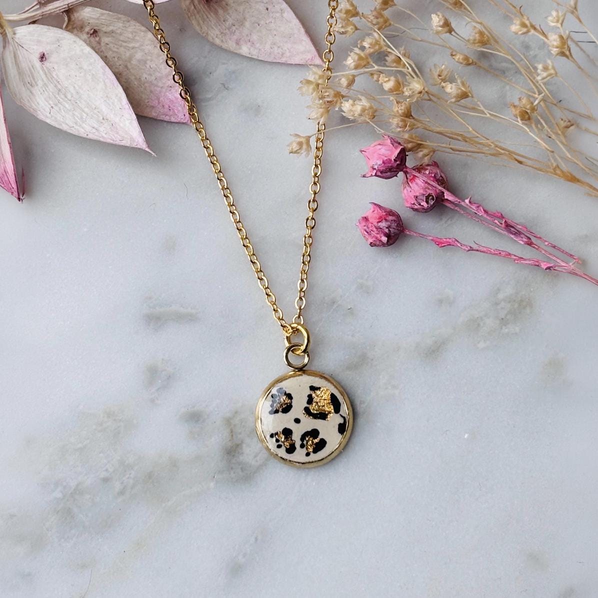 Leopard Print Pendant Necklace, Gold Foil Accents, 18-inch Chain