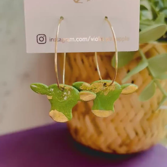 Handmade Cow Hoop Earrings - Green & Gold Leaf Dangles