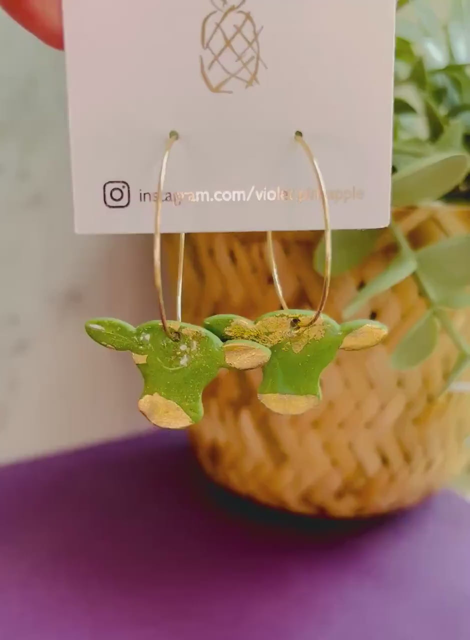 Handmade Cow Hoop Earrings - Green & Gold Leaf Dangles