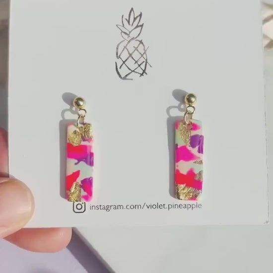 Statement Drop Stud Earrings - Colourful with Gold Foil Detail