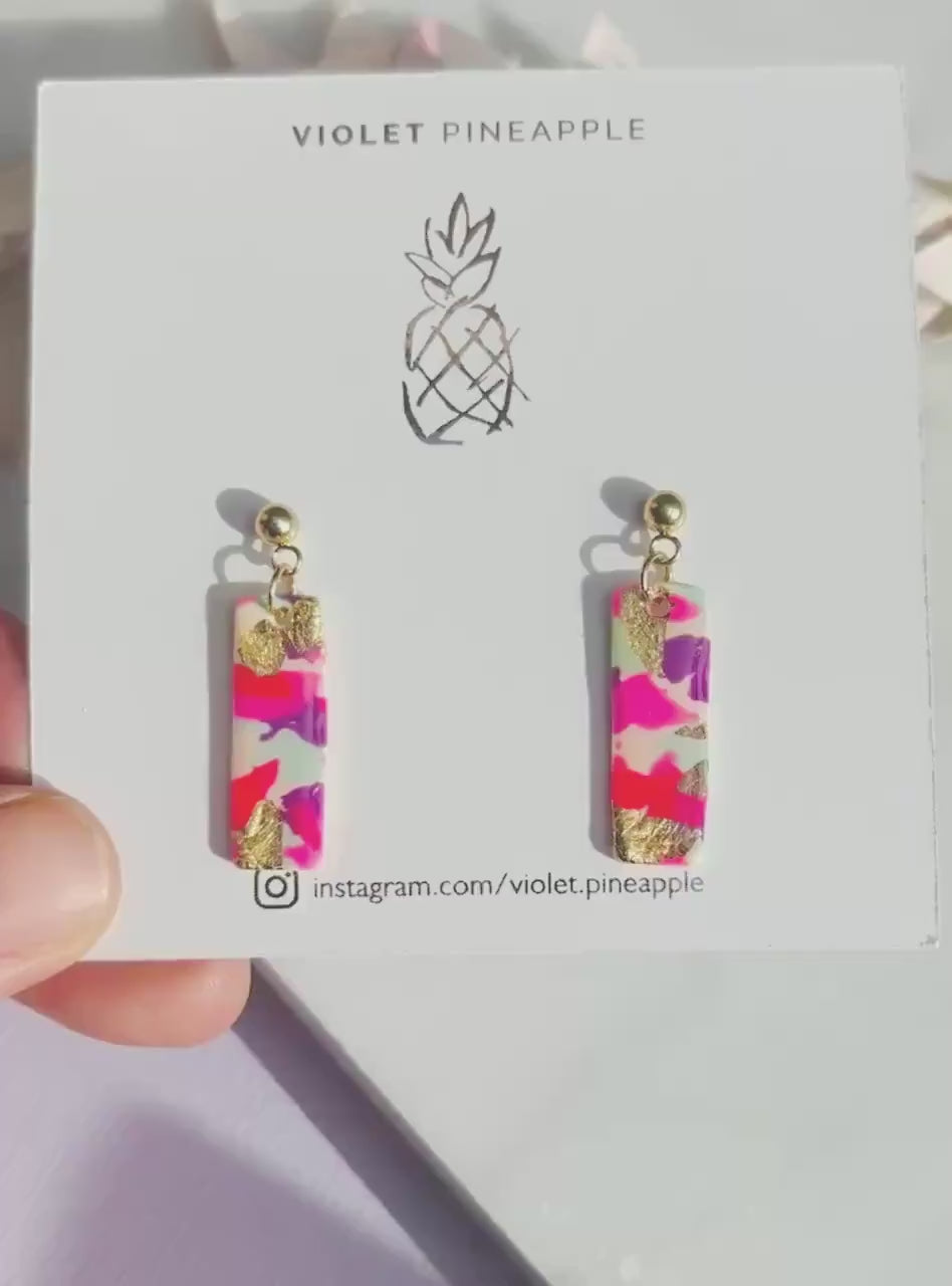 Statement Drop Stud Earrings - Colourful with Gold Foil Detail